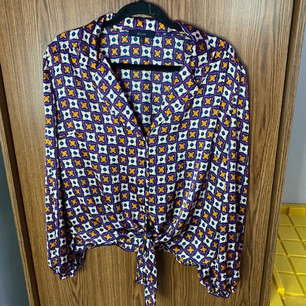 Eclair Tie Front Blouse Womens Large Multi Color Geometric Print Long Sleeve Top